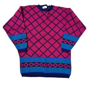 Vintage 80s Cue‎ Knits Geometric Colorful Grandpa Knit Sweater Long Sleeve
